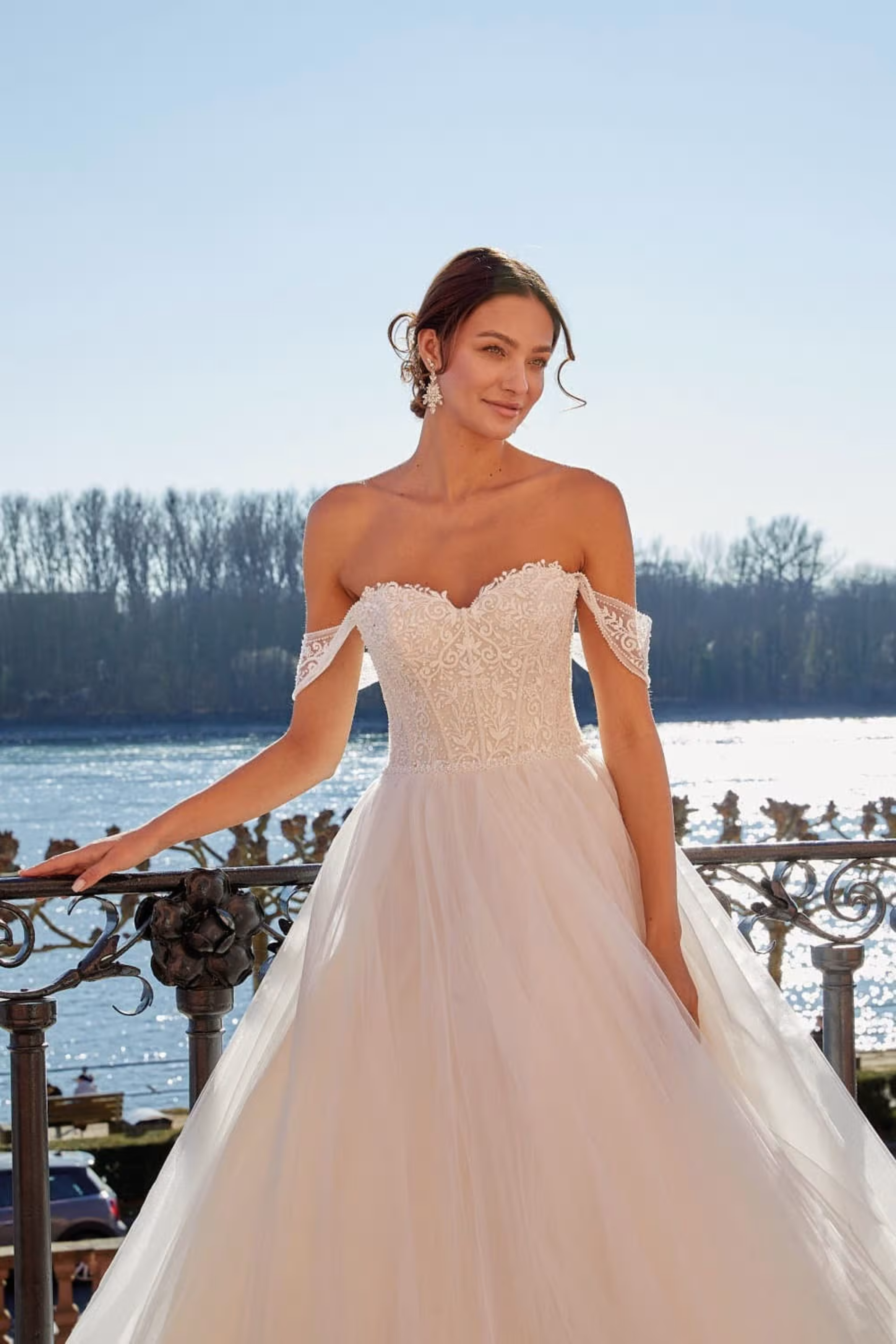 Nahaufnahme schulterfreies Oberteil Brautkleid A-035 Pailletten