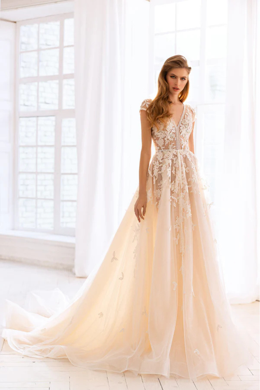 Brautkleid A-044 A-Linie Blush V-Ausschnitt kurze Ärmel Spitze