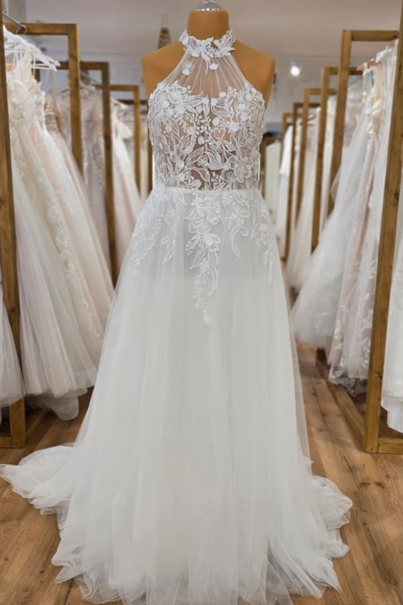 Brautkleid ANITA A-Linie Halterneck Spitze Blumenapplikationen