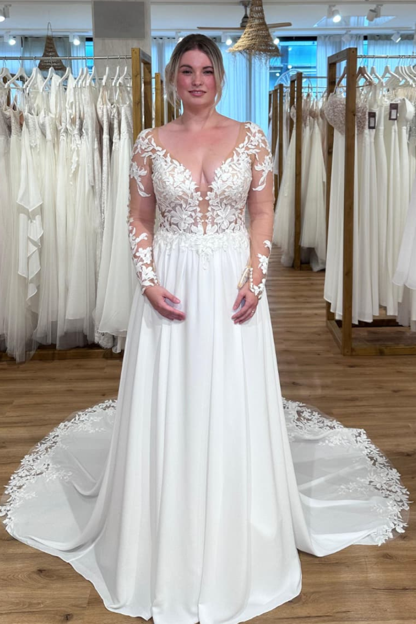 Brautkleid EATO A-Linie V-Ausschnitt lange Ärmel Illusions-Spitze