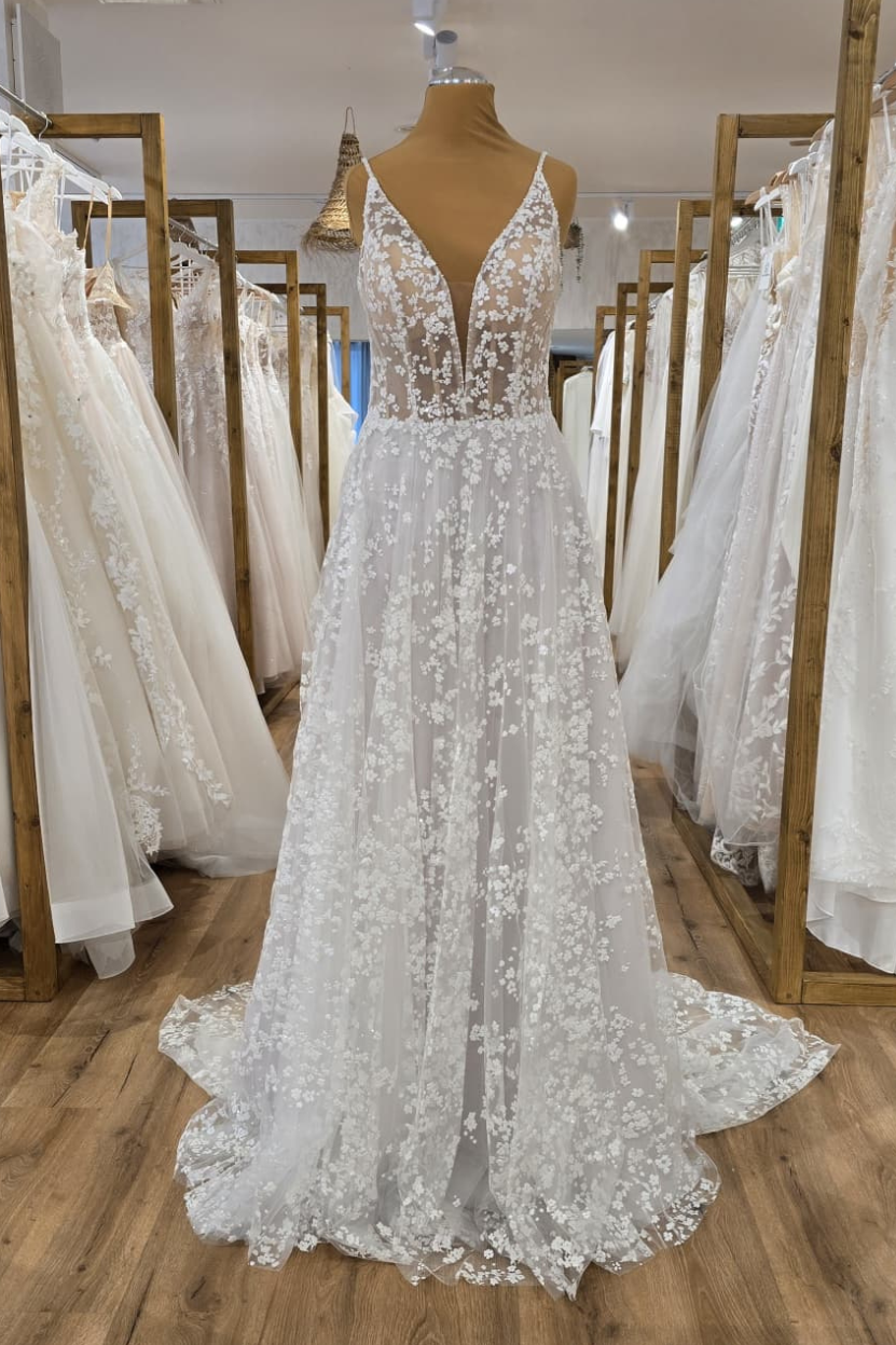 Brautkleid MARGHERITA A-Linie V-Ausschnitt Illusions-Spitze