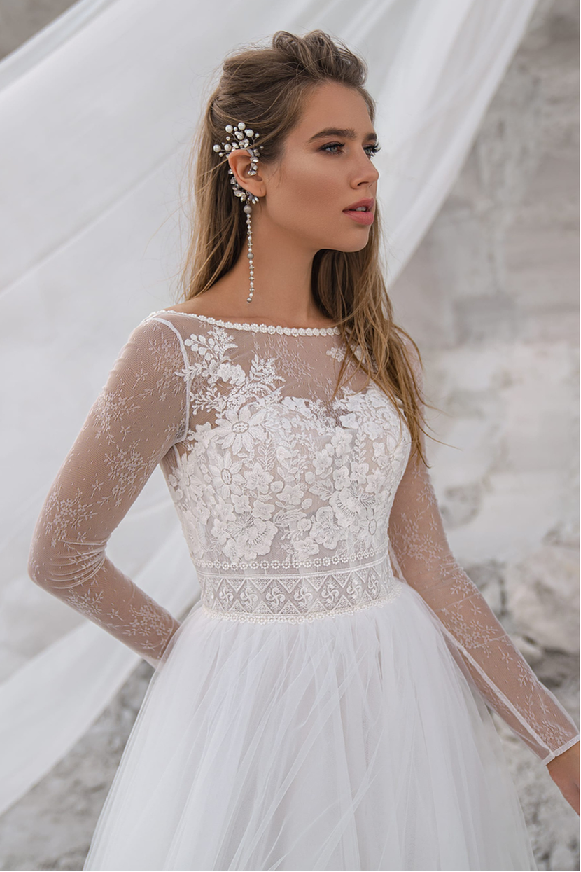 Brautkleid V-1-Verleih Nahaufnahme Oberteil runder Ausschnitt Illusions-Spitze