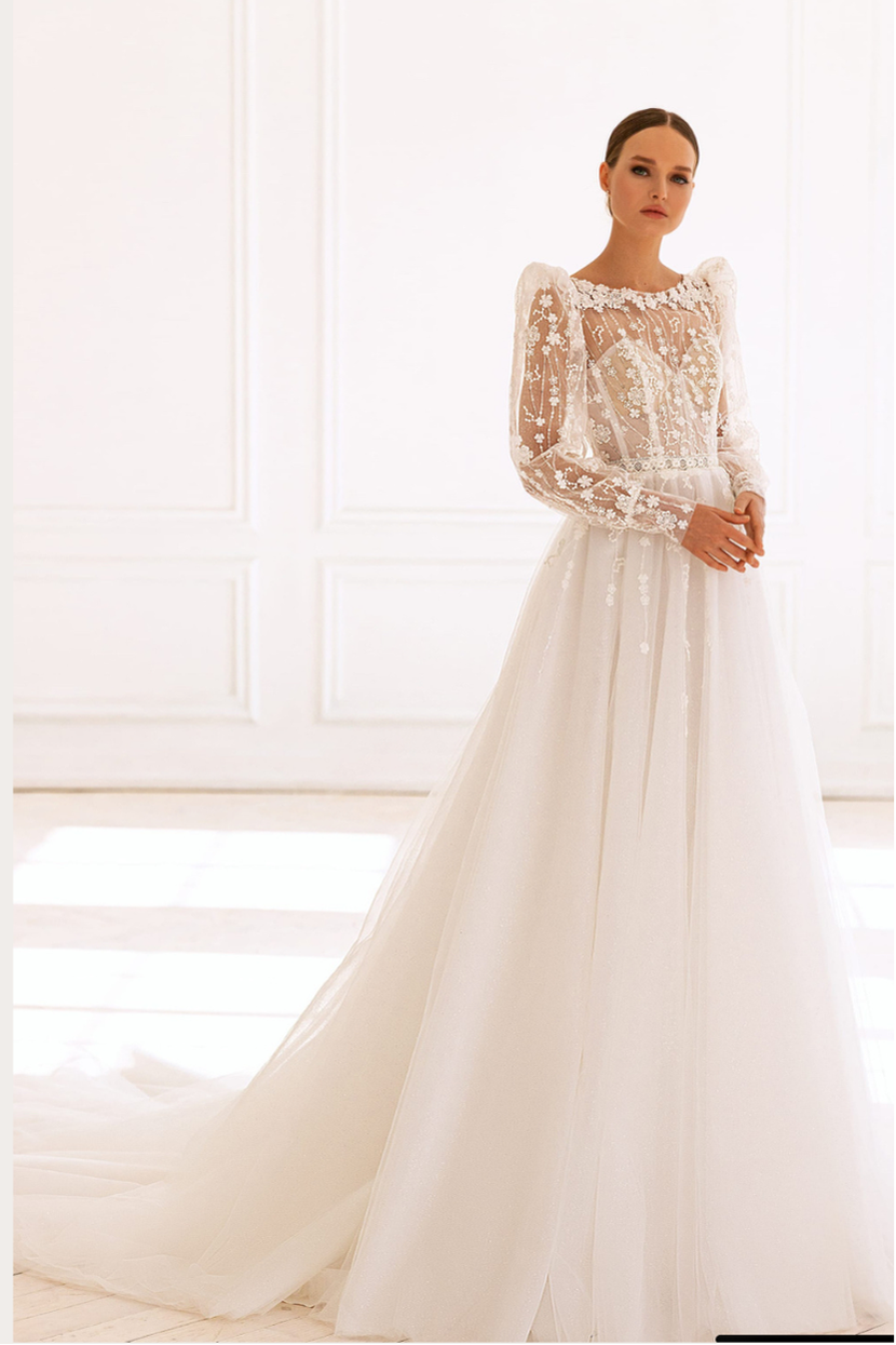 Brautkleid V-3-Verleih A-Linie langer Ärmel Illusions-Spitze