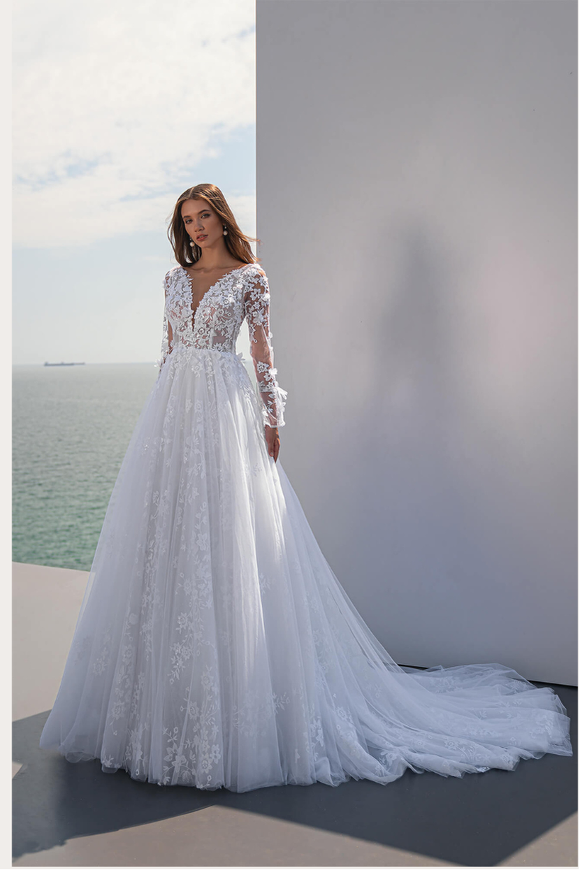 Brautkleid V-4-Verleih A-Linie V-Ausschnitt lange Ärmel Spitze