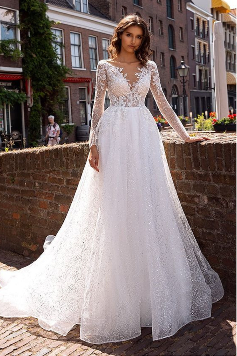 Brautkleid V-7-Verleih A-Linie V-Ausschnitt lange Ärmel Glitzer