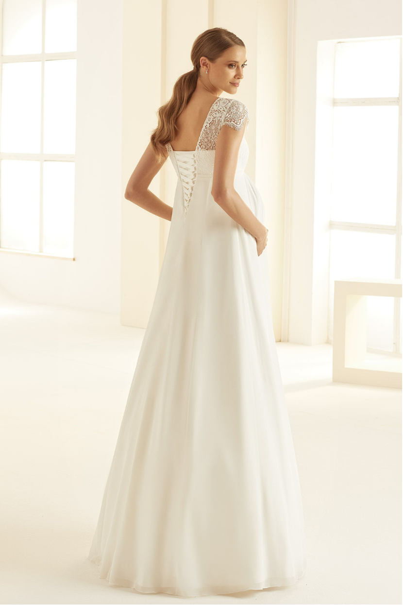 Verleih Umstandsbrautkleid V-9, Rückseite, Korsett-Schnürung, Cap-Ärmel