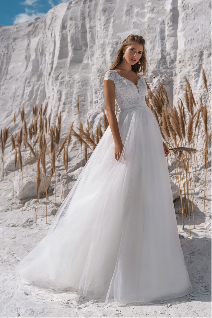 Brautkleid V-98-Verleih A-Linie V-Ausschnitt kurze Ärmel Spitze