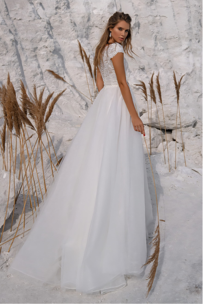 Brautkleid V-98-Verleih Rückenansicht tiefer V-Rücken Illusions-Spitze