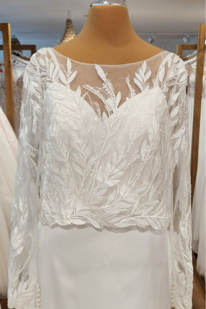 Nahaufnahme Oberteil Brautkleid MARION mit Bolero aus Blätterspitze und Illusion-Ausschnitt