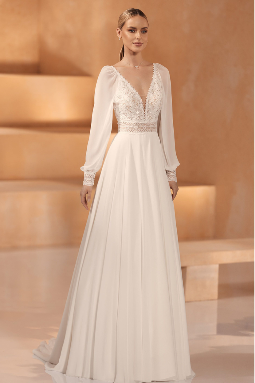 Brautkleid C-02 Curvy A-Linie V-Ausschnitt lange Spitzenärmel