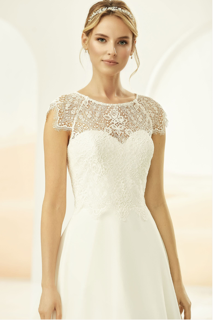 Standesamt Brautkleid MM-014 kurz Rundhals-Ausschnitt Spitze