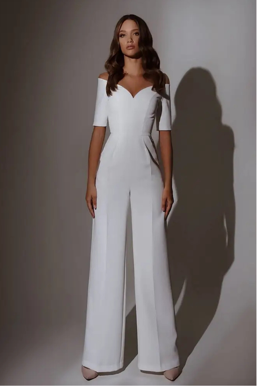 Standesamt Jumpsuit MM-025 Brautkleid schulterfrei Satin weite Hose