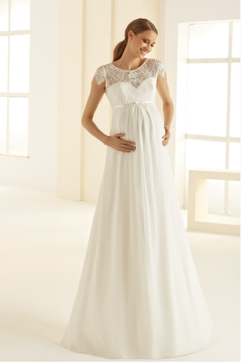 Verleih Umstandsbrautkleid V-9, A-Linie, Spitze, Cap-Ärmel