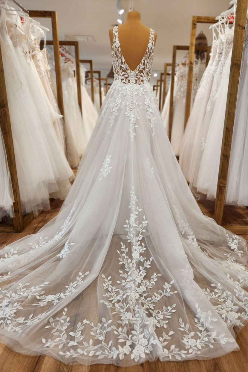 Brautkleid JESSI-CA von hinten mit langer Schleppe mit Spitzenmuster und Tüllrock