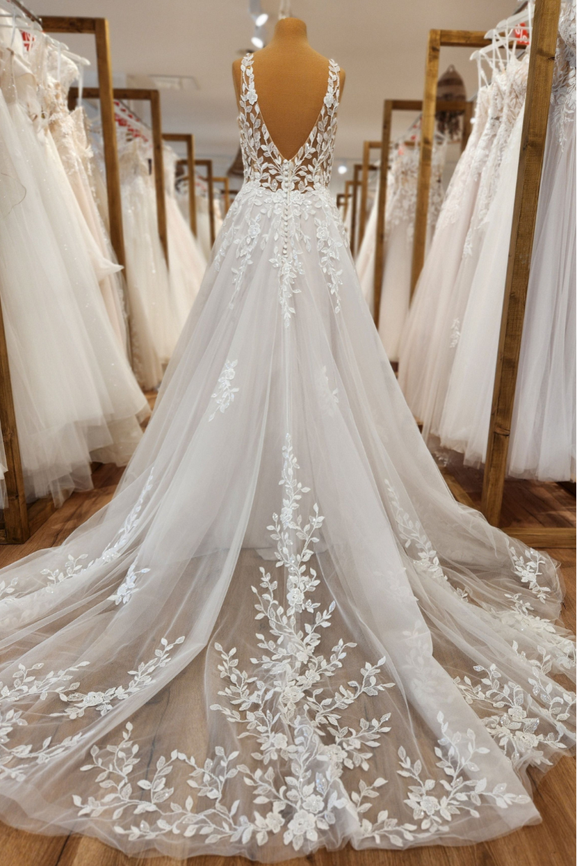 Rückenansicht Brautkleid JESSI-CA mit Spitze am V-Rücken und langer, floral bestickter Schleppe