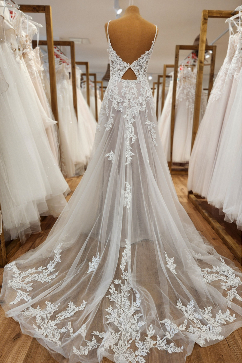Brautkleid KIA-RA A-Linie von hinten mit langer Schleppe mit floralen Spitzenapplikationen